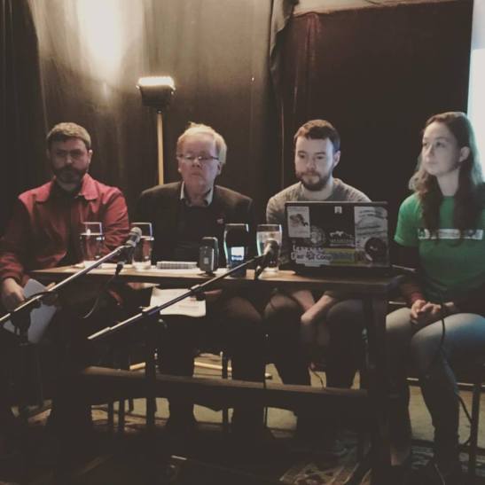 From left Mark Hoskins (me), Michael Taft (Economist for Unite the union), Seán Mac An Phríora (Chair/WSM) and Róisín Mulligan (Basic Income Ireland). Photo by Stephanie Lord, taken at the debate on Basic Income at the Dublin Anarchist Bookfair 2016