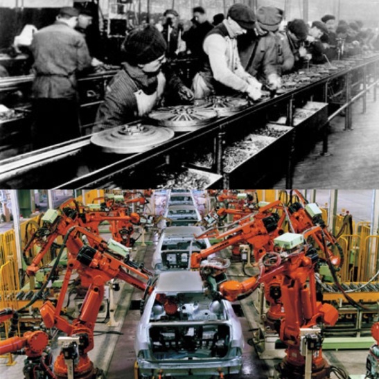Top - a flywheel production line at a Ford motor factory circa 1913 Bottom - a modern automated automobile production line